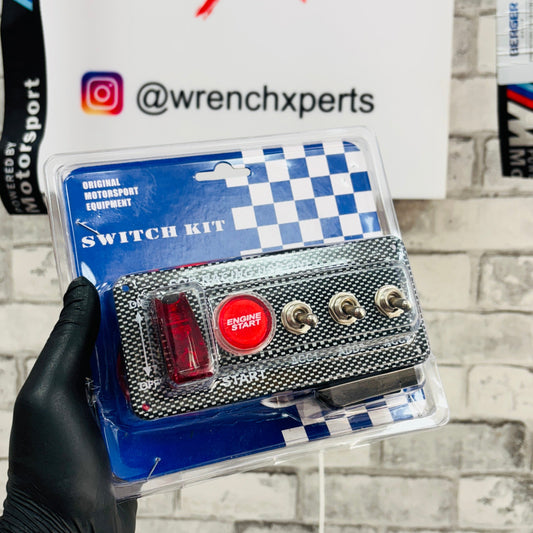 12V 5-in-1 Carbon Fiber Racing Switch Panel Kit | Red Illuminated Car Start Button