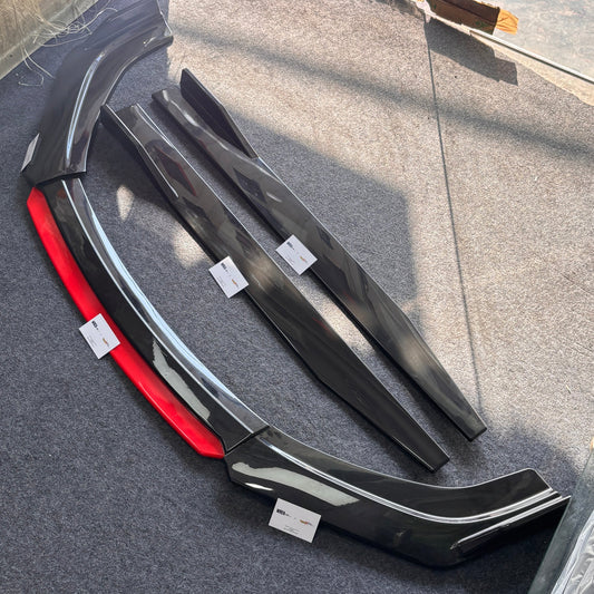 Universal 6 Pc Front Splitters and Side Skirts | Gloss Black with Red Lip