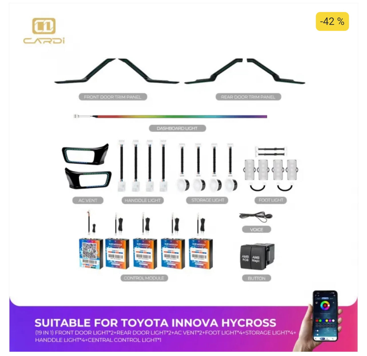 CARDI K4 OEM Ambient Light Kit | For Toyota Innova Hycross 2023 Onwards (17-Piece Set)