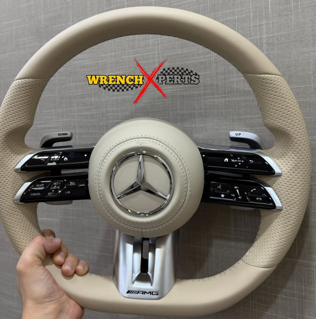 Mercedes AMG Cream Leather Wrapped Steering Wheel | Flat Bottom | Luxury Interior Upgrade| @wrenchxperts