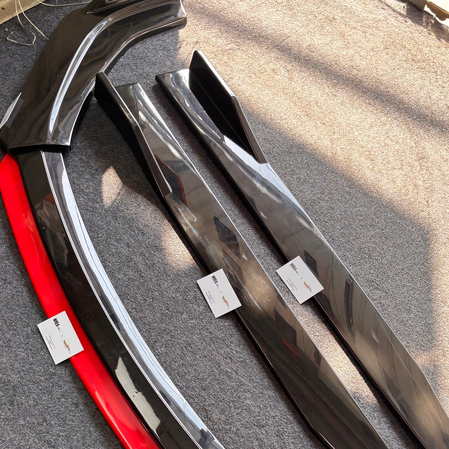 Universal 6 Pc Front Splitters and Side Skirts | Gloss Black with Red Lip