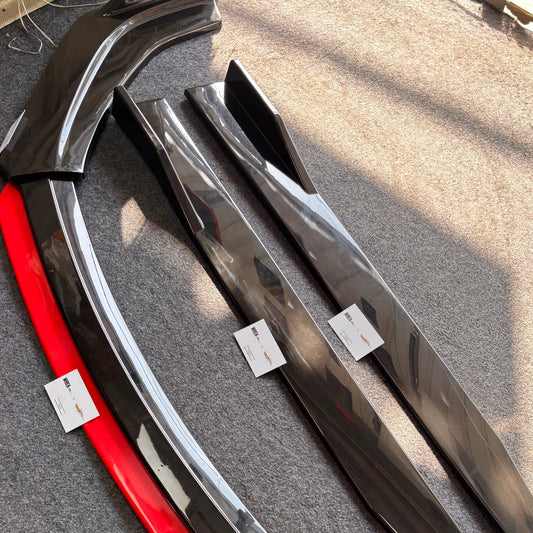 Universal 6 Pc Front Splitters and Side Skirts | Gloss Black with Red Lip