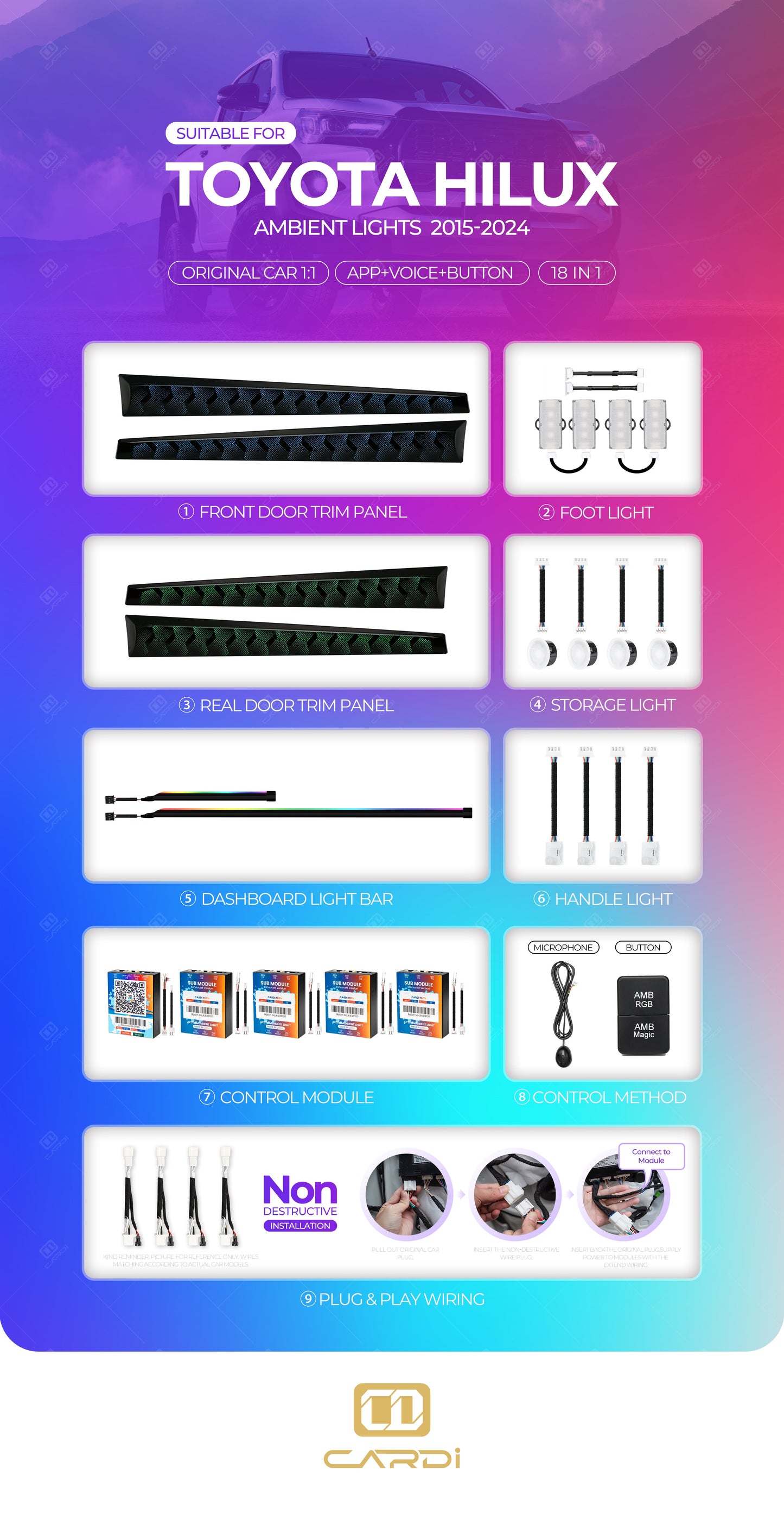 Toyota Hilux Ambient Light Kit 18-in-1 App & Voice Control | Cardi