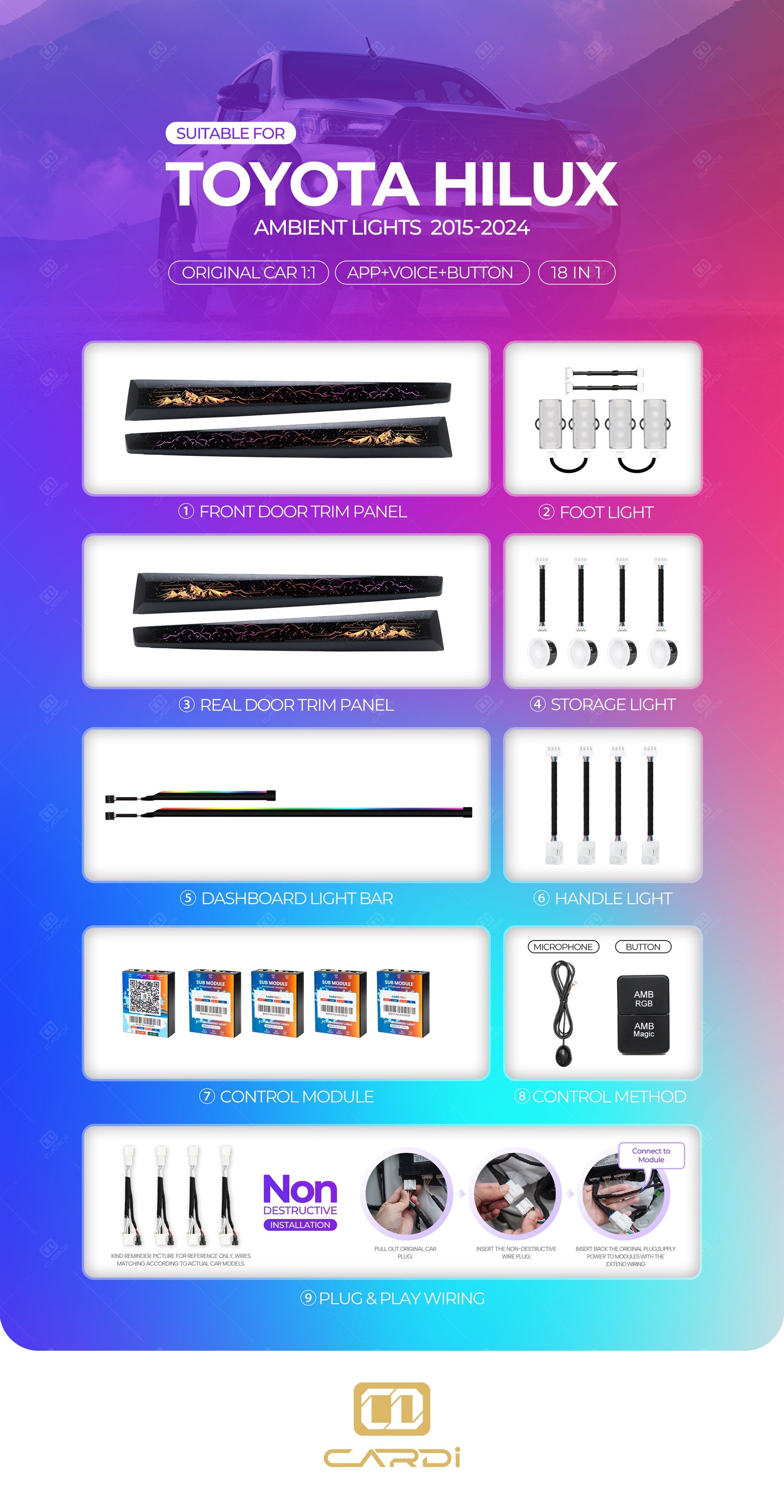 Toyota Hilux Ambient Light Kit 18-in-1 App & Voice Control | Cardi