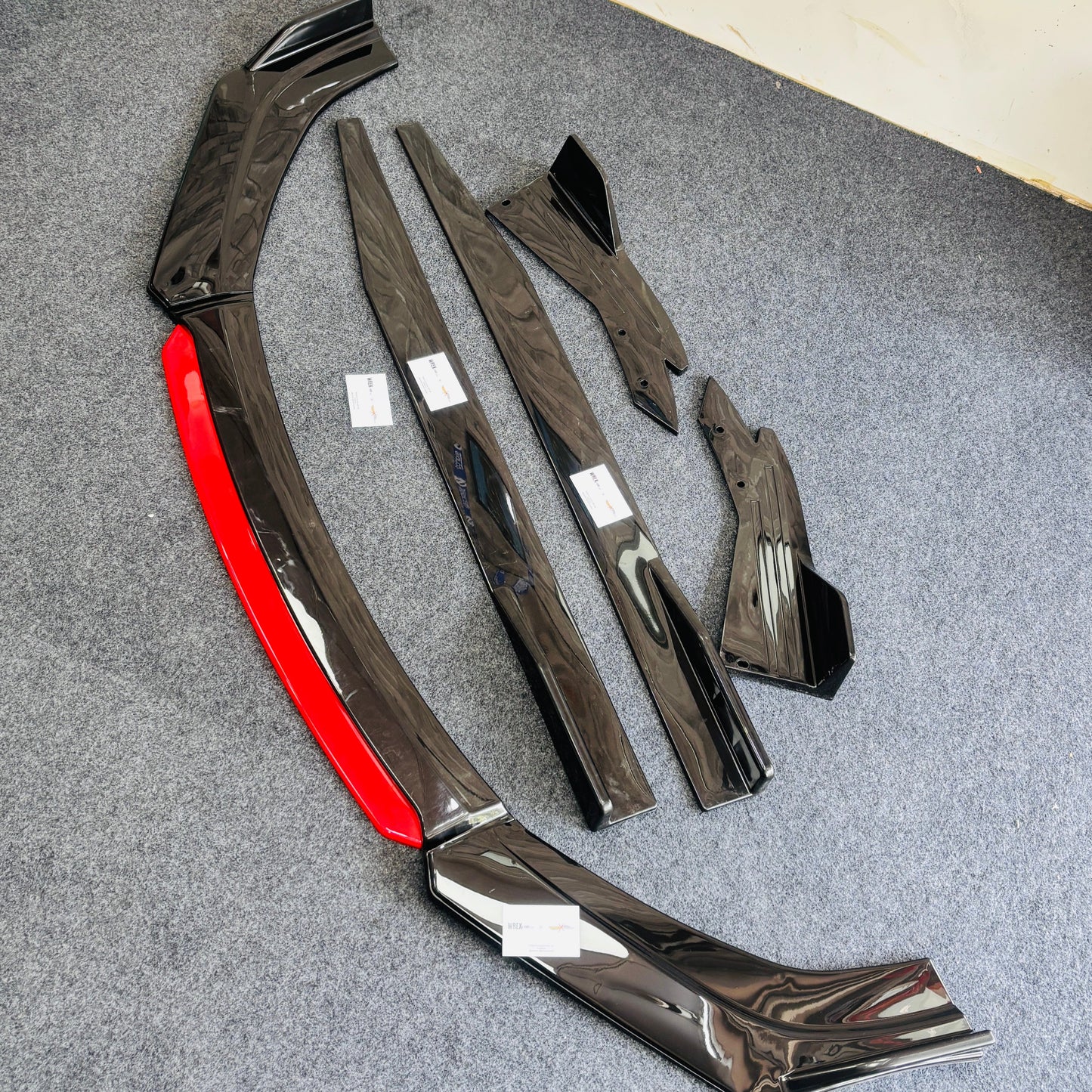 Universal 8 Pc Red Front Splitters ,Side & Rear Skirts | Gloss Black | ABS