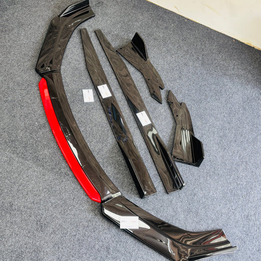 Universal 8 Pc Red Front Splitters ,Side & Rear Skirts | Gloss Black | ABS